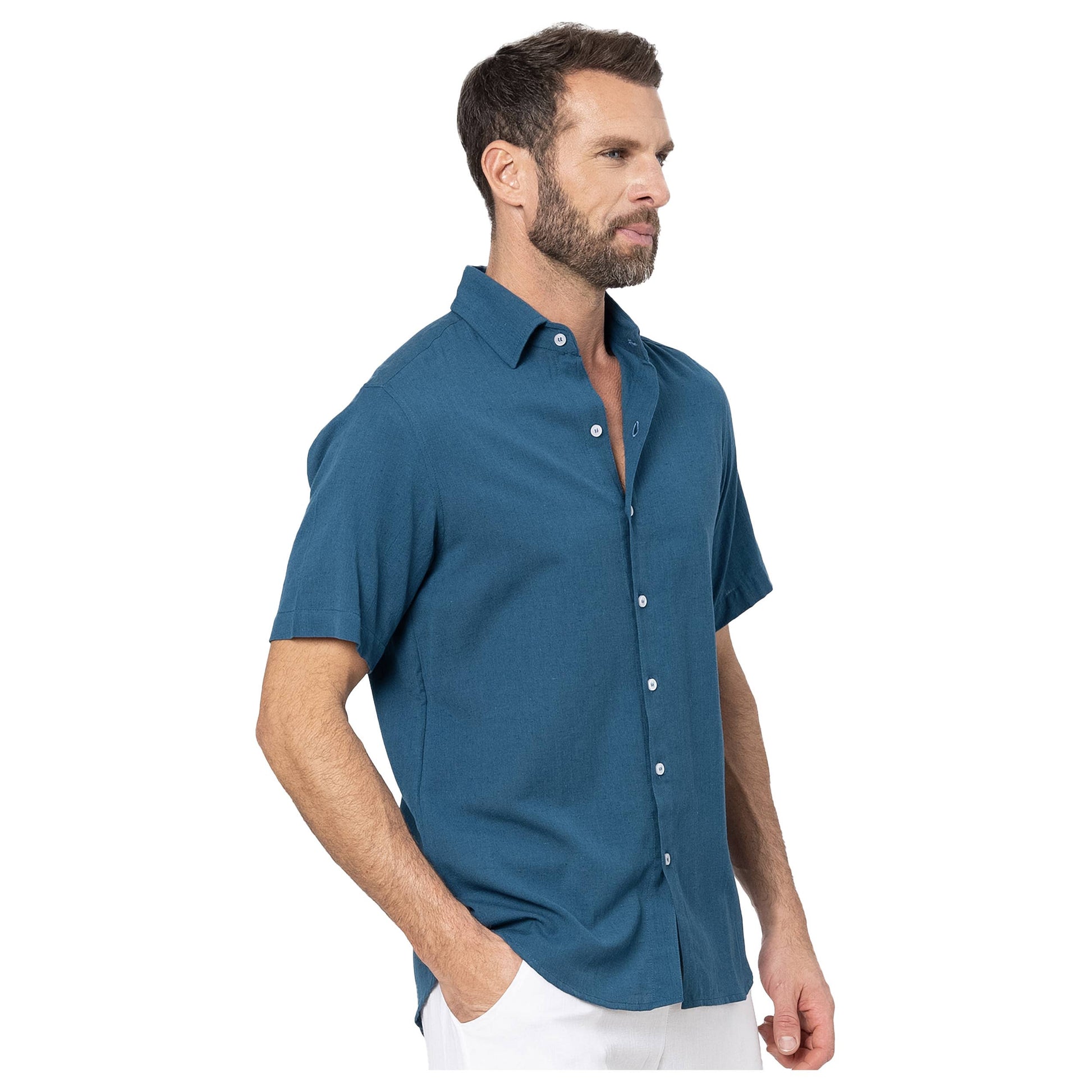 Camicia estiva uomo in lino e cotone petrolio a maniche corte