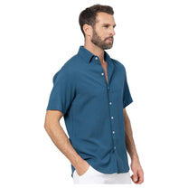 Camicia estiva uomo in lino e cotone petrolio a maniche corte