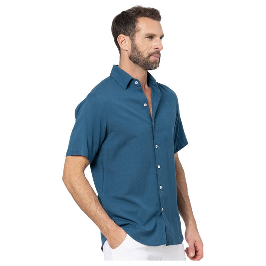 Camicia estiva uomo in lino e cotone petrolio a maniche corte
