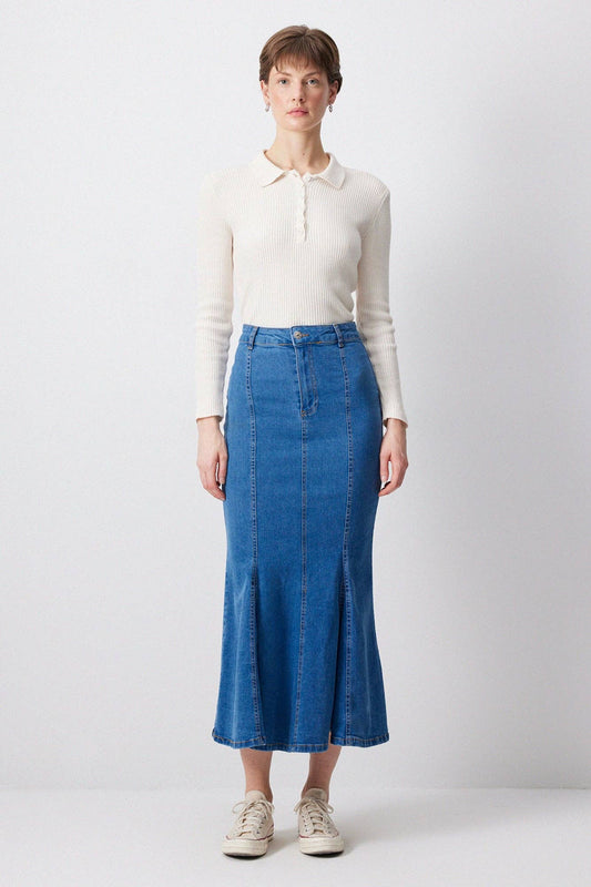 Gonna longuette in denim elasticizzato a sirena a vita alta