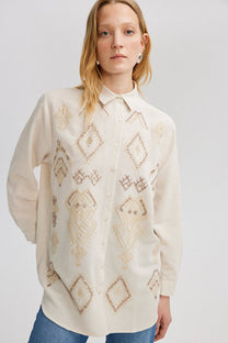 Camicia oversize in lino testurizzato con ricamo