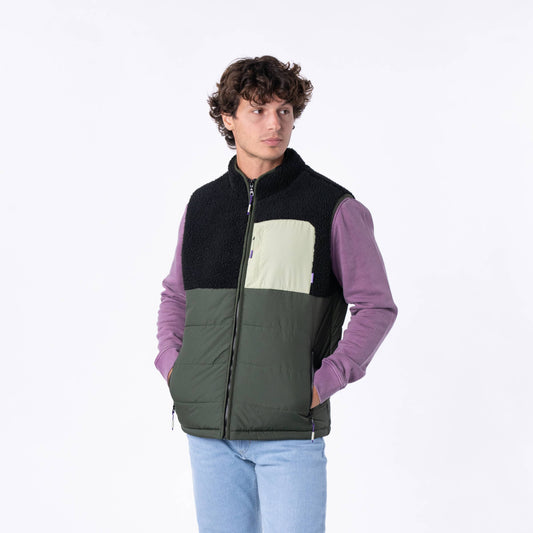 Gilet sherpa bicolore nero e verde senza maniche