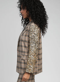 Blazer oversize color sabbia a quadri con maniche in paillettes