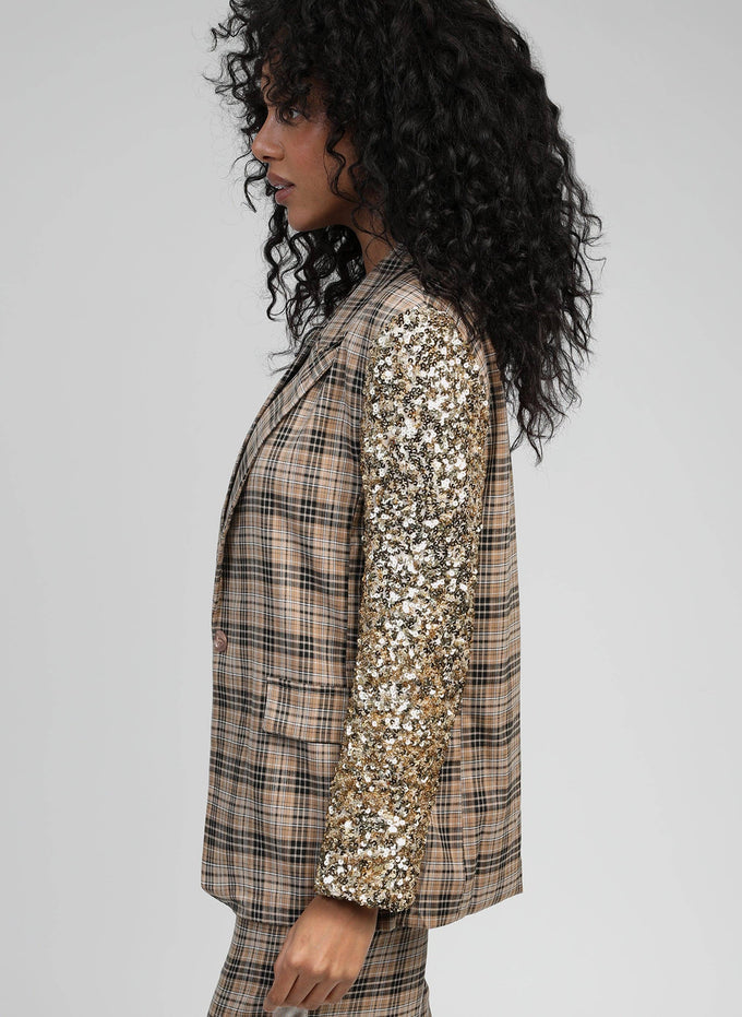 Blazer oversize color sabbia a quadri con maniche in paillettes