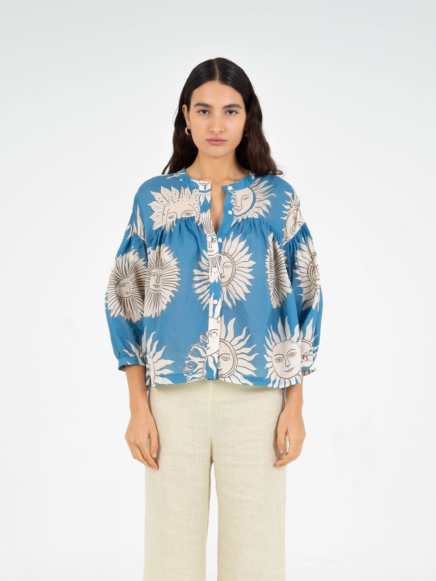 Camicetta estiva boho in voile di cotone con maniche 3/4