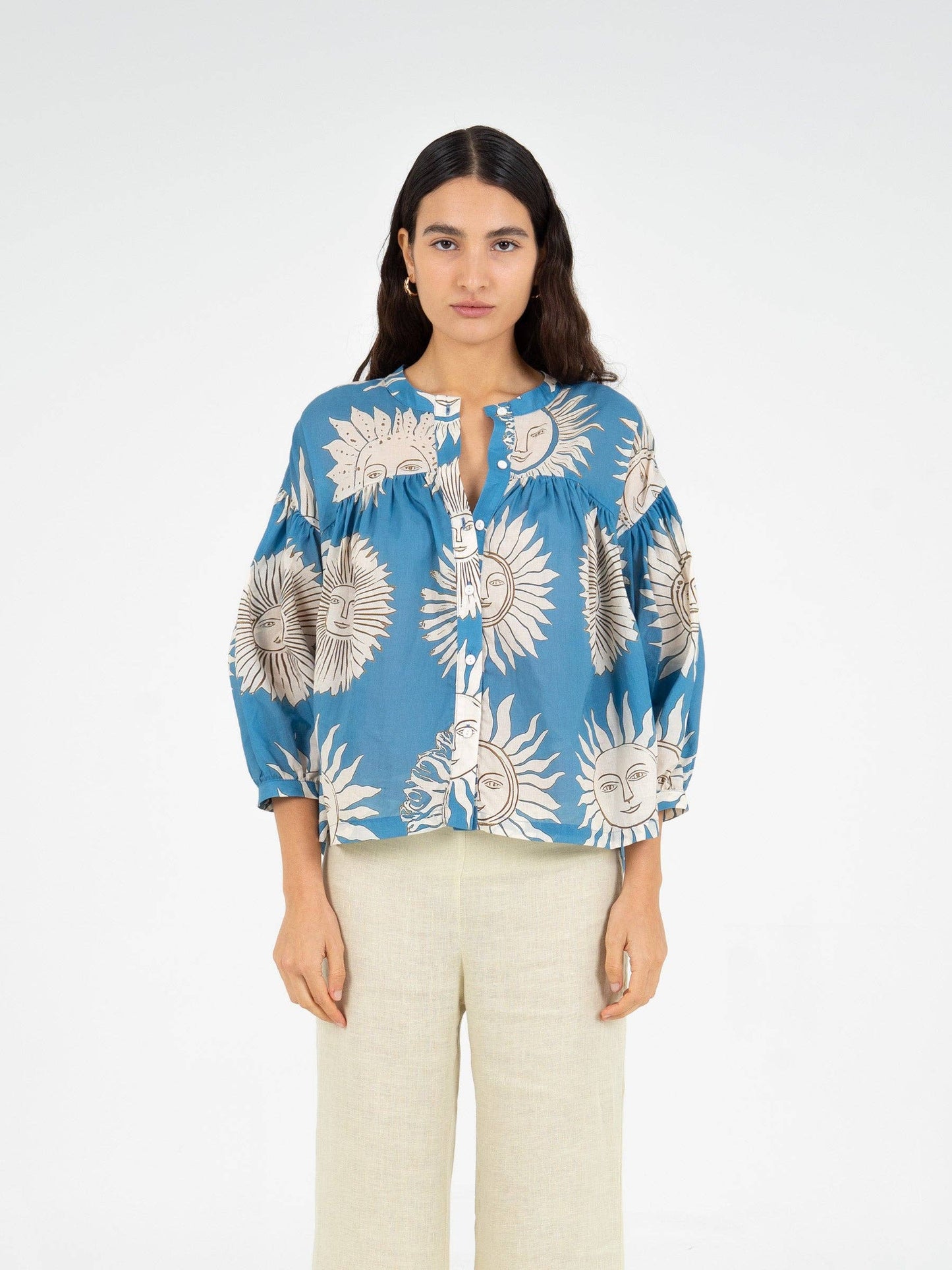Camicetta estiva boho in voile di cotone con maniche a tre quarti