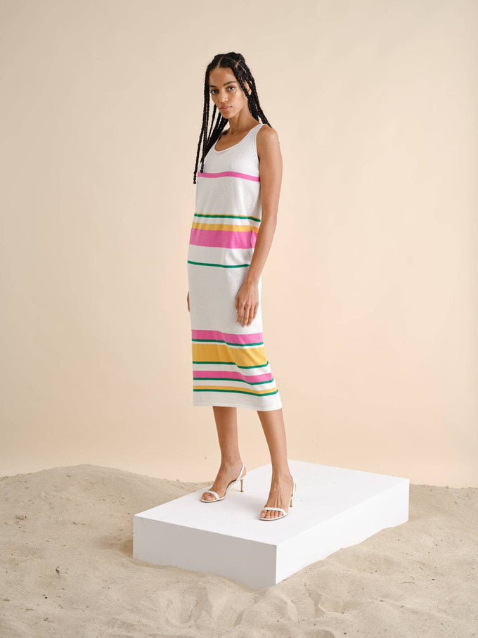 Abito midi in maglia a righe multicolor