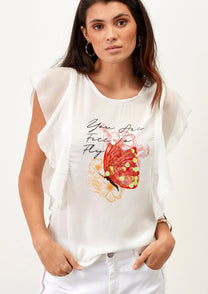 T-shirt con stampa farfalla e maniche a volant