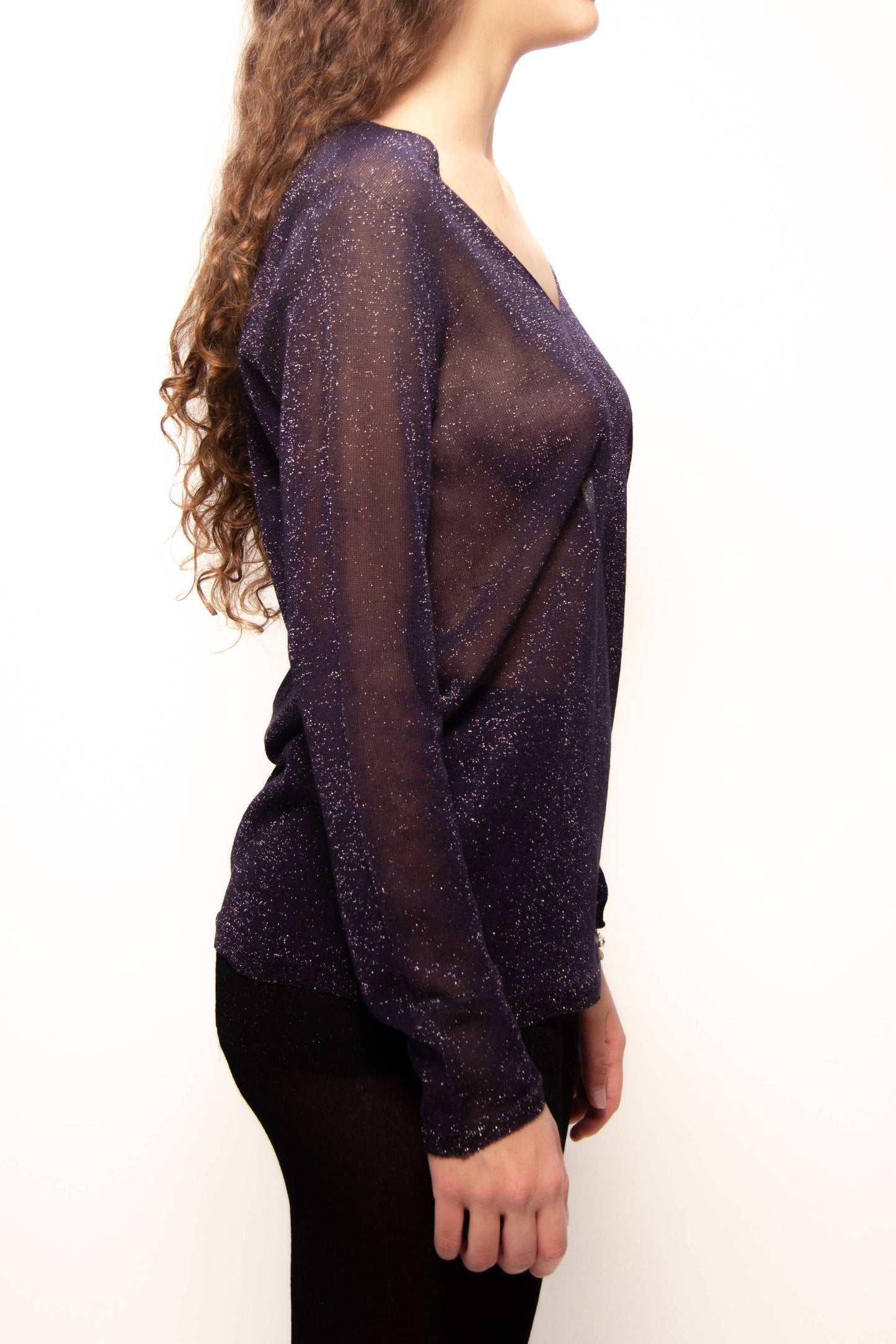 Maglione con scollo a V glitterato in maglia 3D