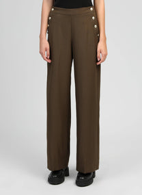 Pantaloni palazzo a vita alta color militare con bottoni dorati