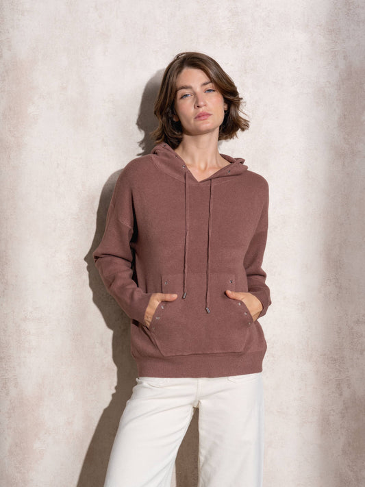 Felpa con cappuccio in maglia traforata da donna