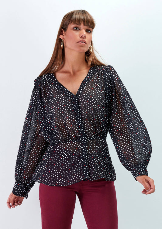 Blusa a pois con scollo a V e maniche morbide