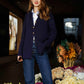 Cardigan lungo blu navy con bottoni dorati