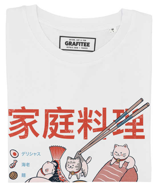 T-shirt grafica con gatto e ramen
