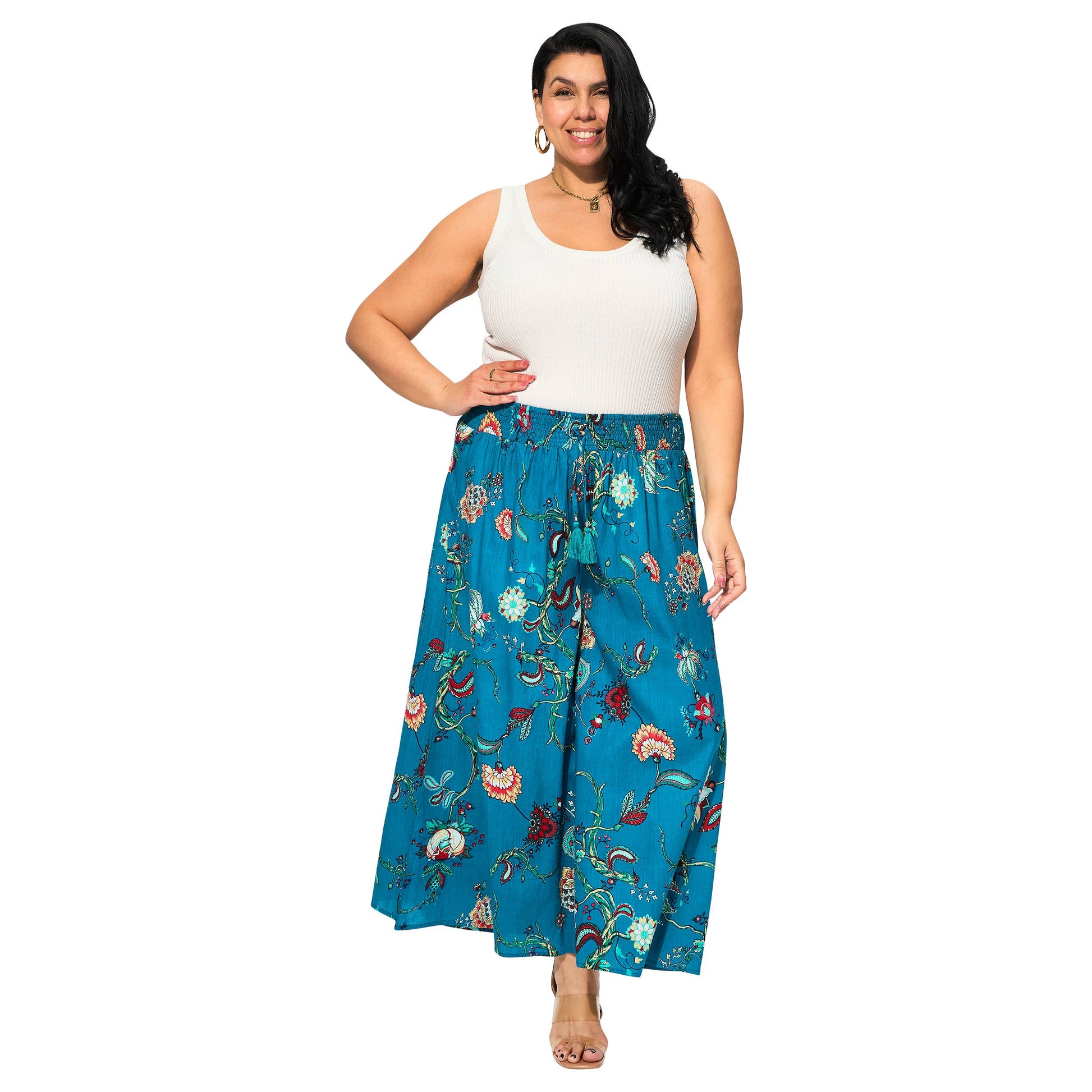 Pantaloni estivi lunghi in cotone a fantasia floreale