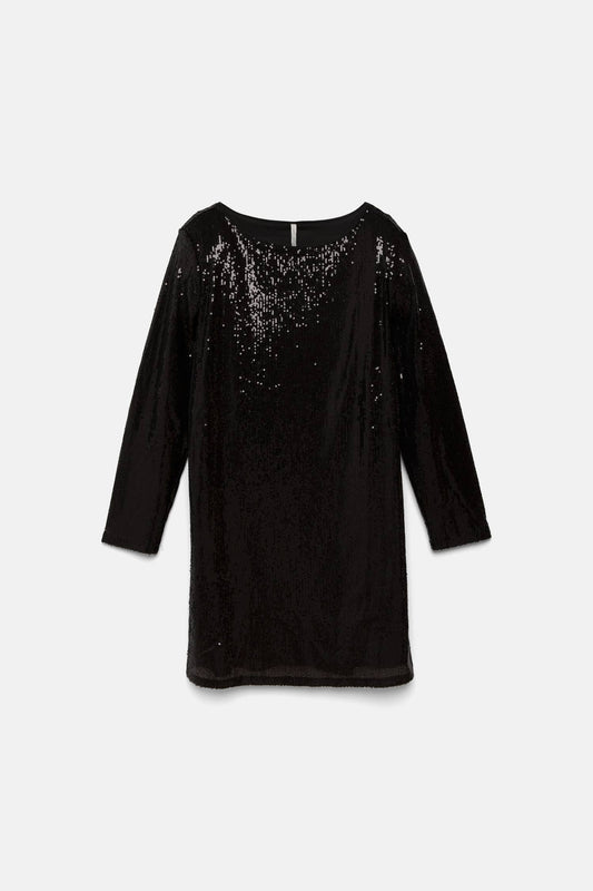 Abito nero con paillettes e maniche a tre quarti