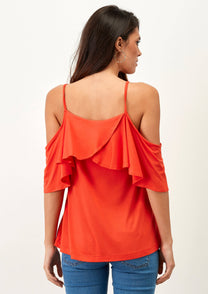 T-shirt con spalle scoperte e volant