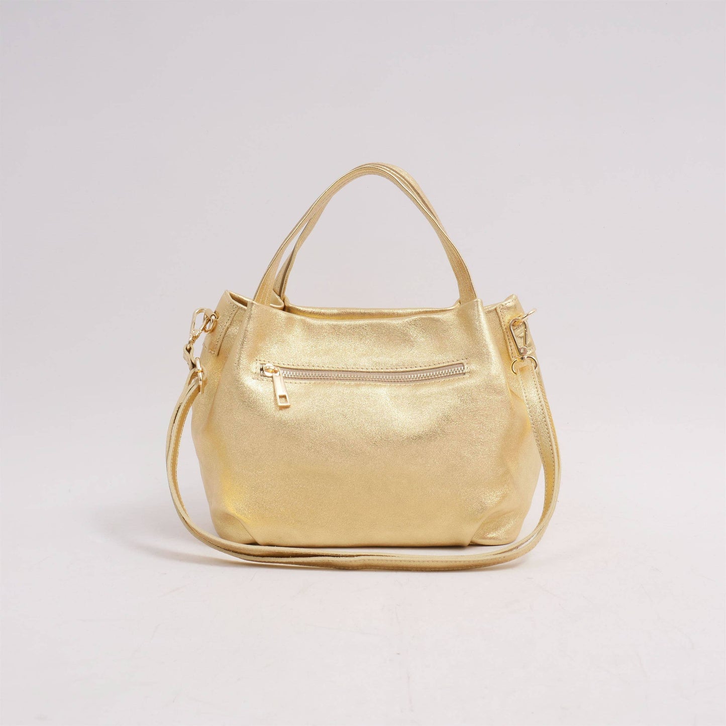 Borsa a mano e tracolla in pelle con finitura metallizzata