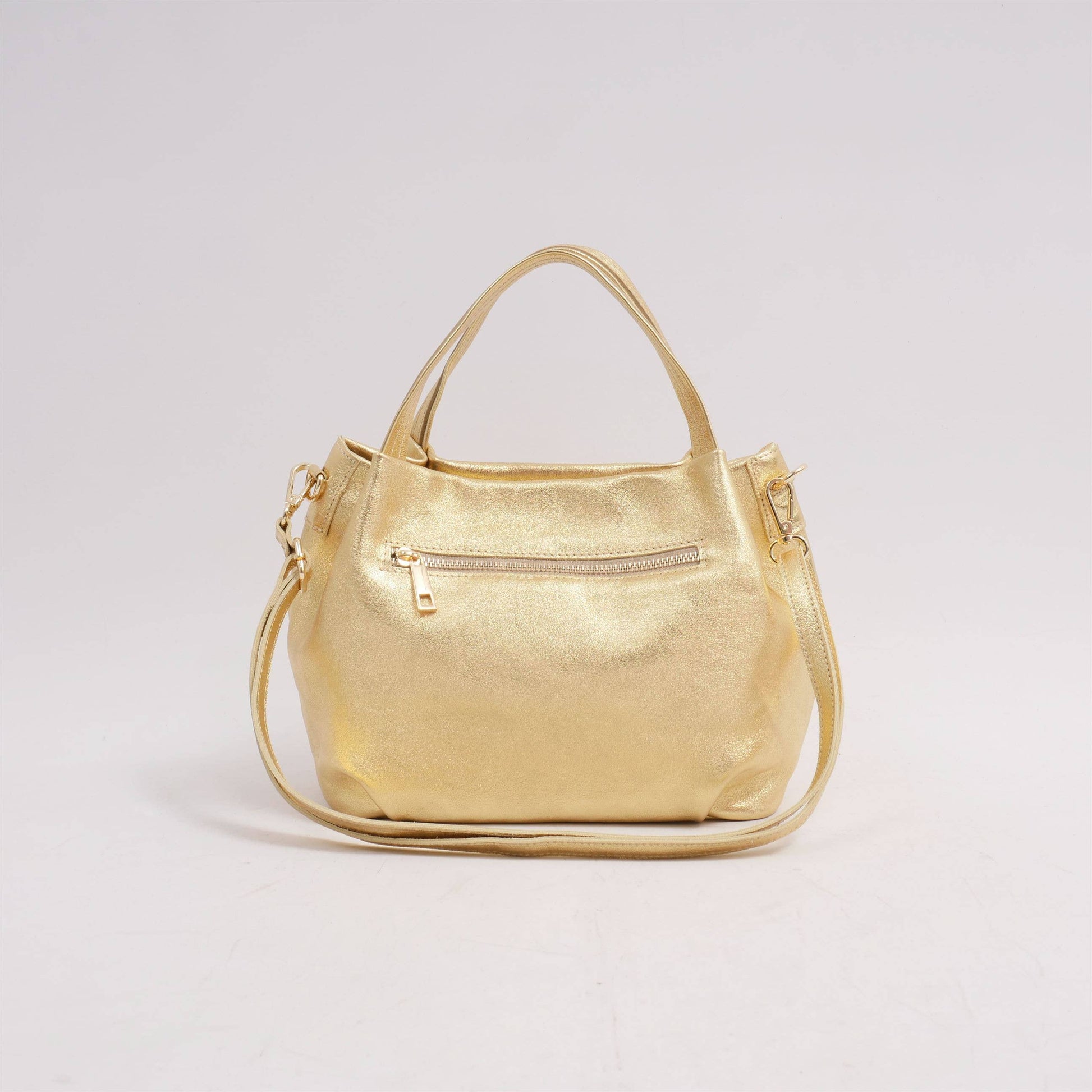 Borsa a mano e tracolla in pelle con finitura metallizzata