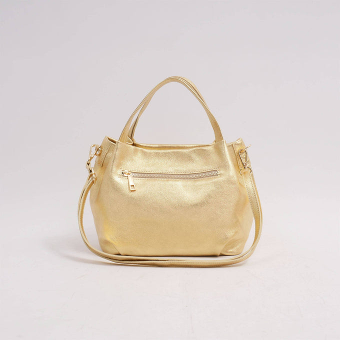 Borsa a mano e tracolla in pelle con finitura metallizzata