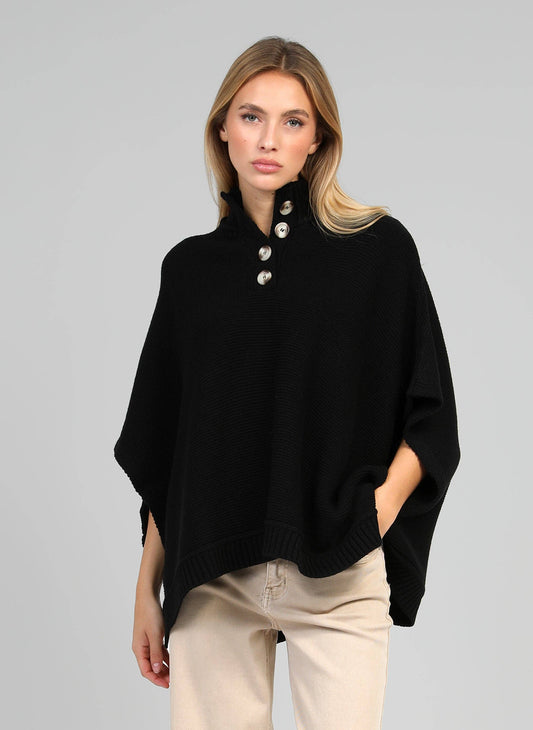 Poncho maglia nero a collo alto con bottoni