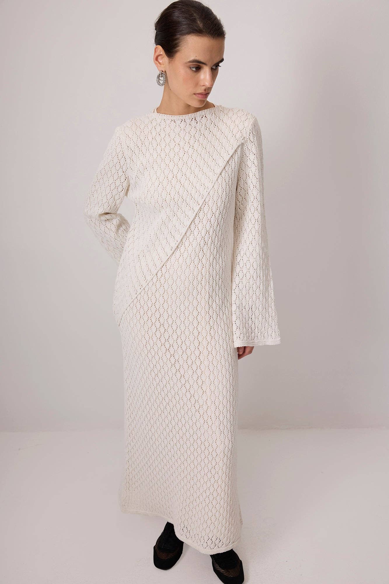 Abito maxi in cotone ricamato avorio