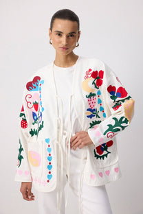 Giacca kimono in gabardine con ricami folk