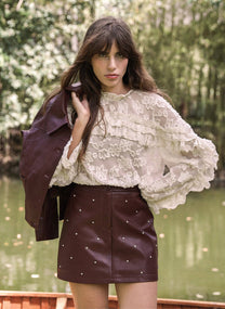 Camicia Soely écru in jacquard trasparente con volant