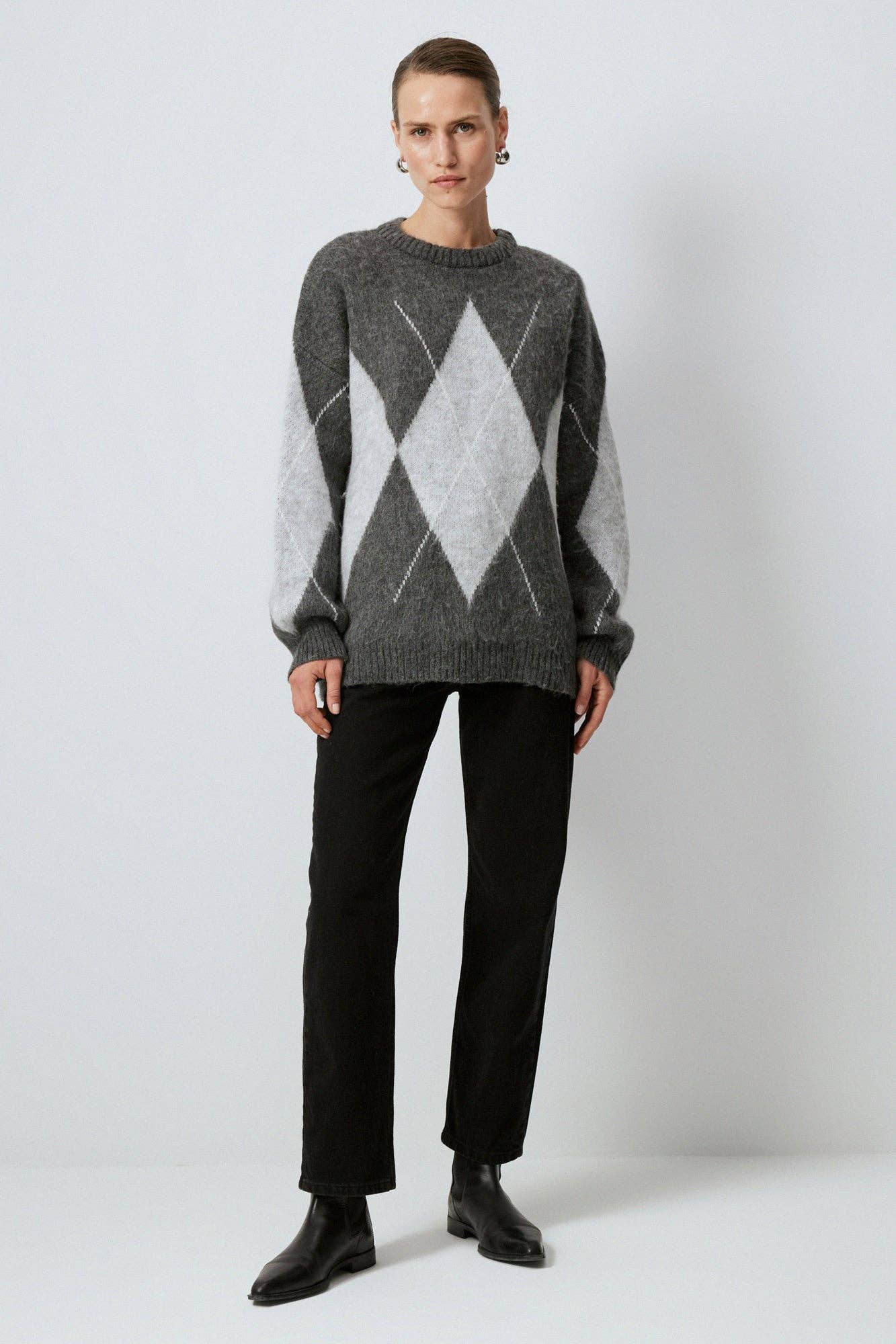 Maglione in maglia a rombi girocollo antracite