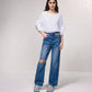 Jeans a vita alta wide leg con strass e strappi