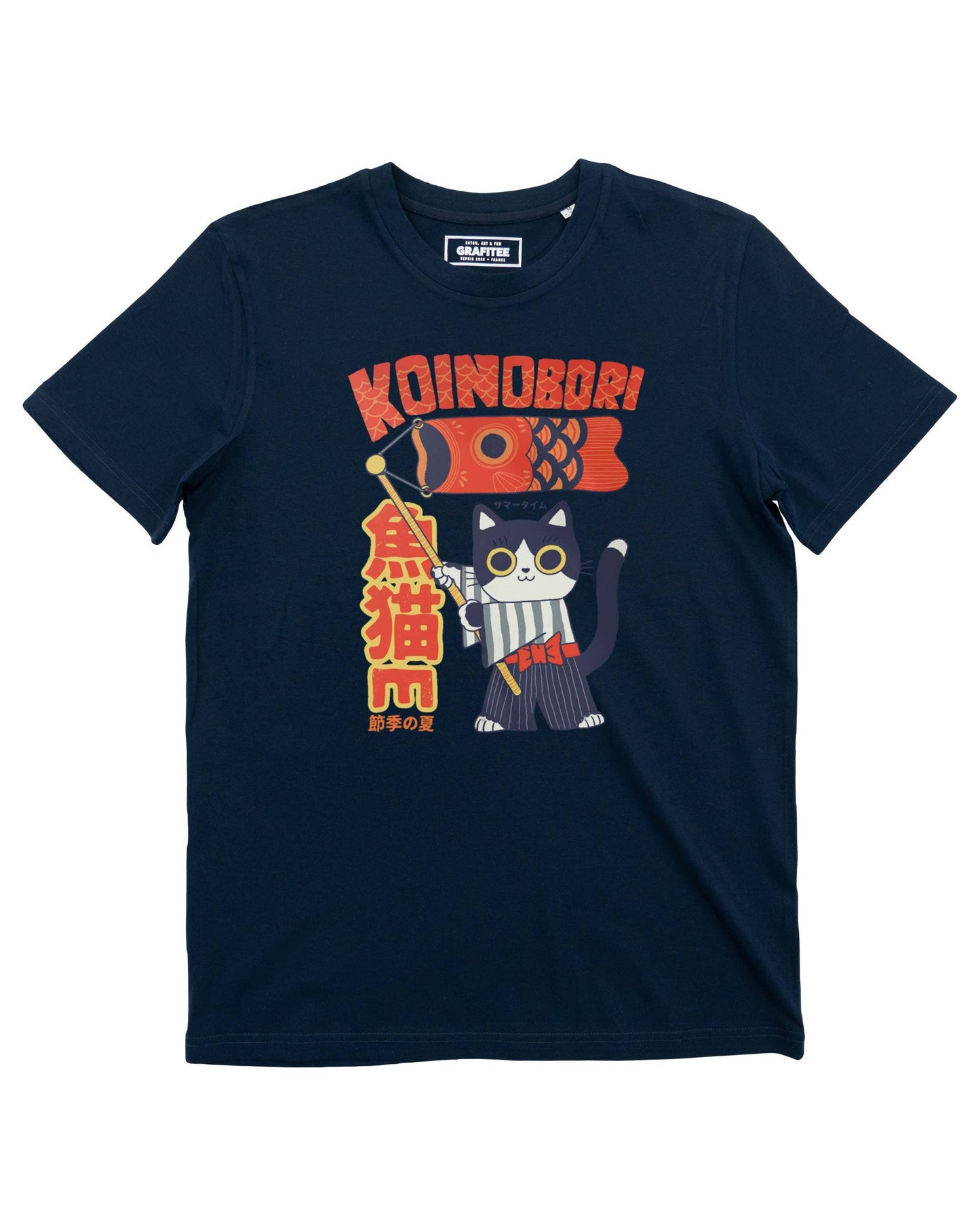 T-shirt Koinobori Cat blu navy in cotone biologico