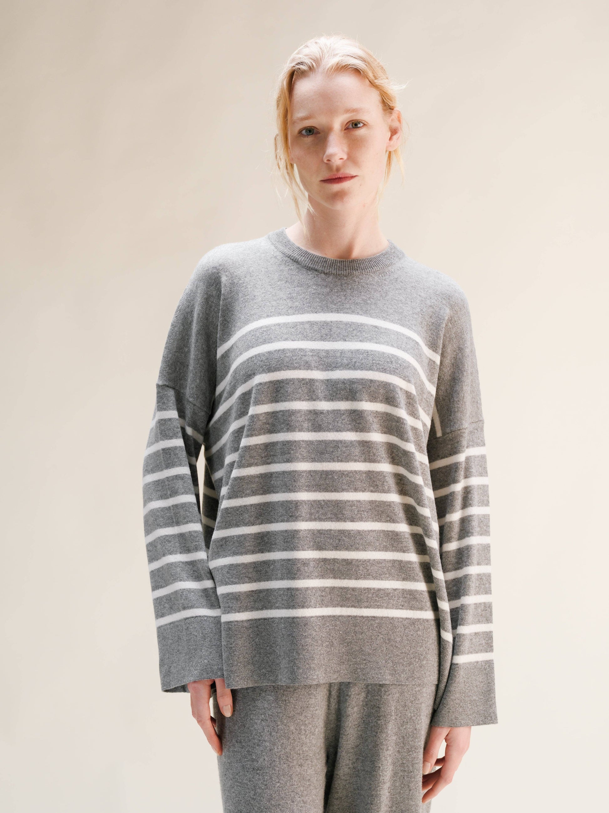 Maglione Girocollo Oversize a Righe in Misto Cashmere