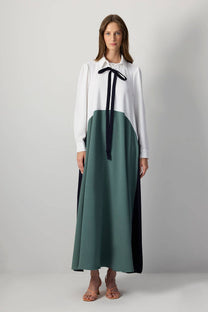 Abito in crêpe color block con fiocco