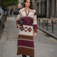 Gonna midi in maglia a righe bordeaux e marrone