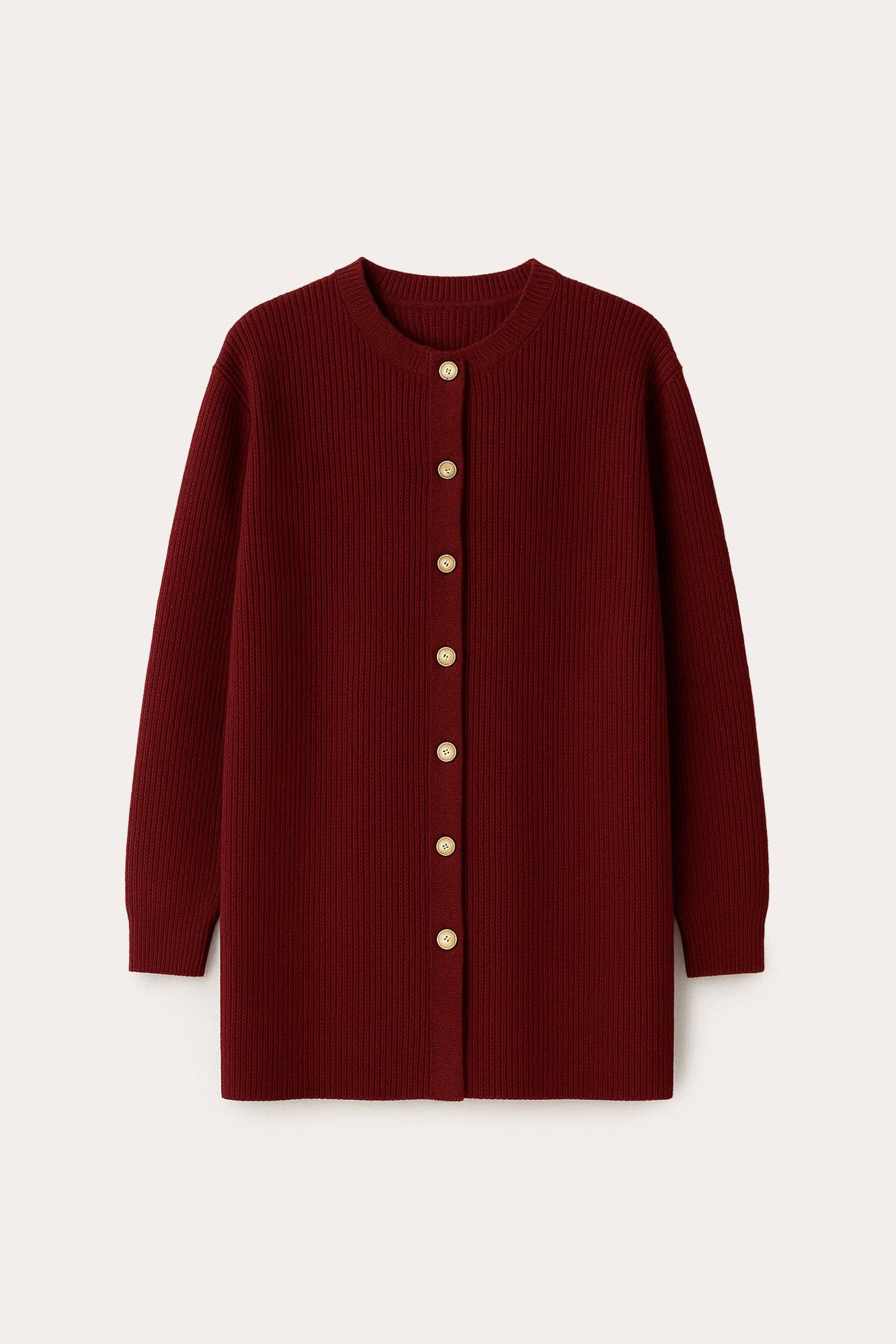 Cardigan lungo bordeaux con bottoni dorati