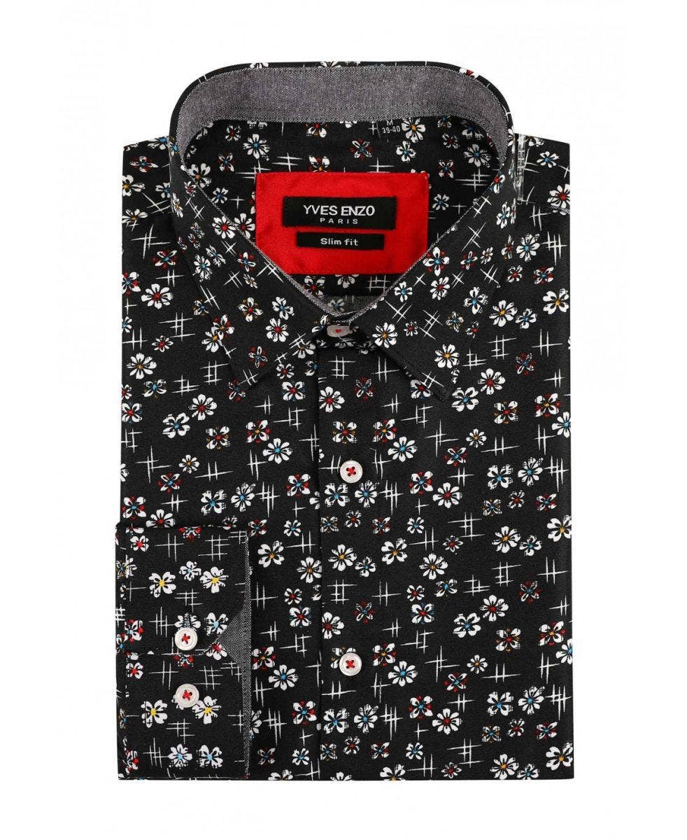 Camicia slim fit nera fantasia floreale