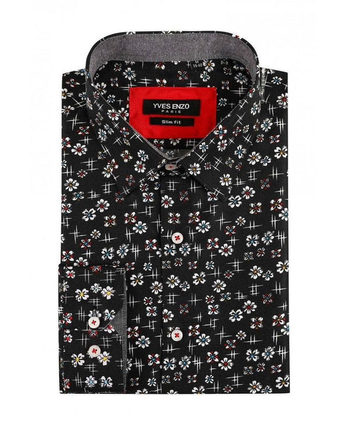 Camicia slim fit nera fantasia floreale