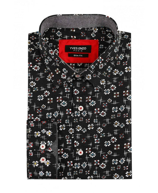 Camicia slim fit nera fantasia floreale