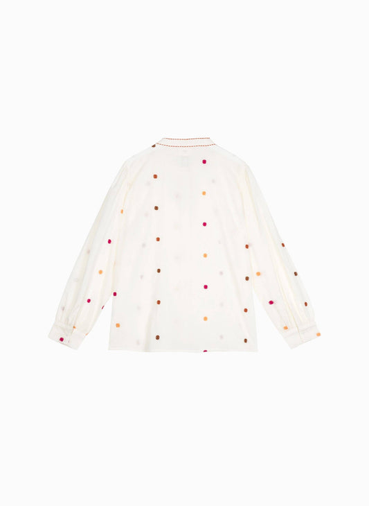 Camicia ecru ricamata a pois multicolor