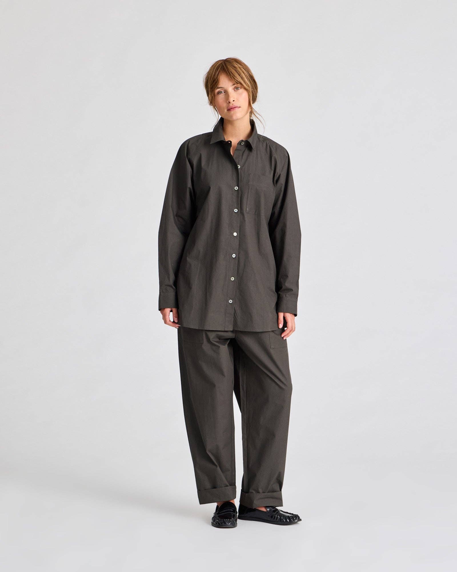 Camicia lunga in popeline con manica raglan
