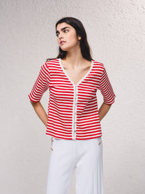 Cardigan a righe con scollo a V e bottoni, manica corta