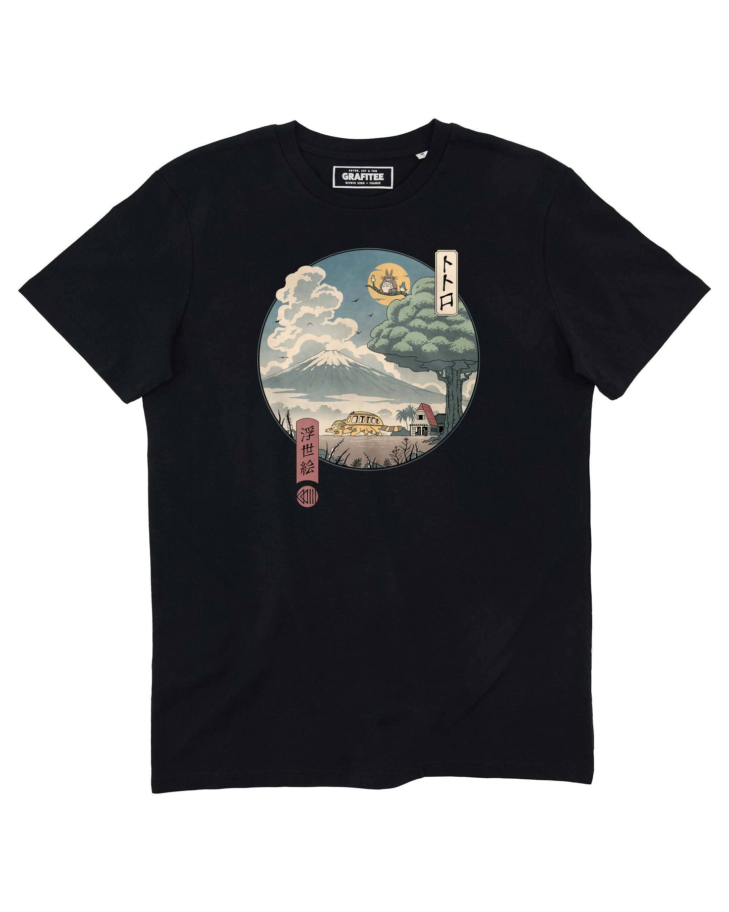 T-shirt unisex Totoro Ukiyo-e con grafica Totoro e Gatto-Bus