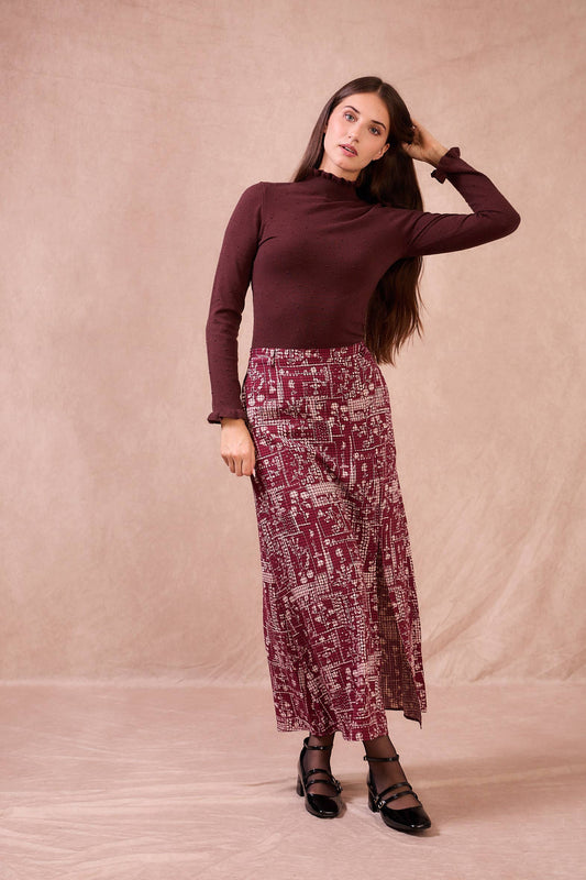 Gonna lunga boho bordeaux con spacco laterale