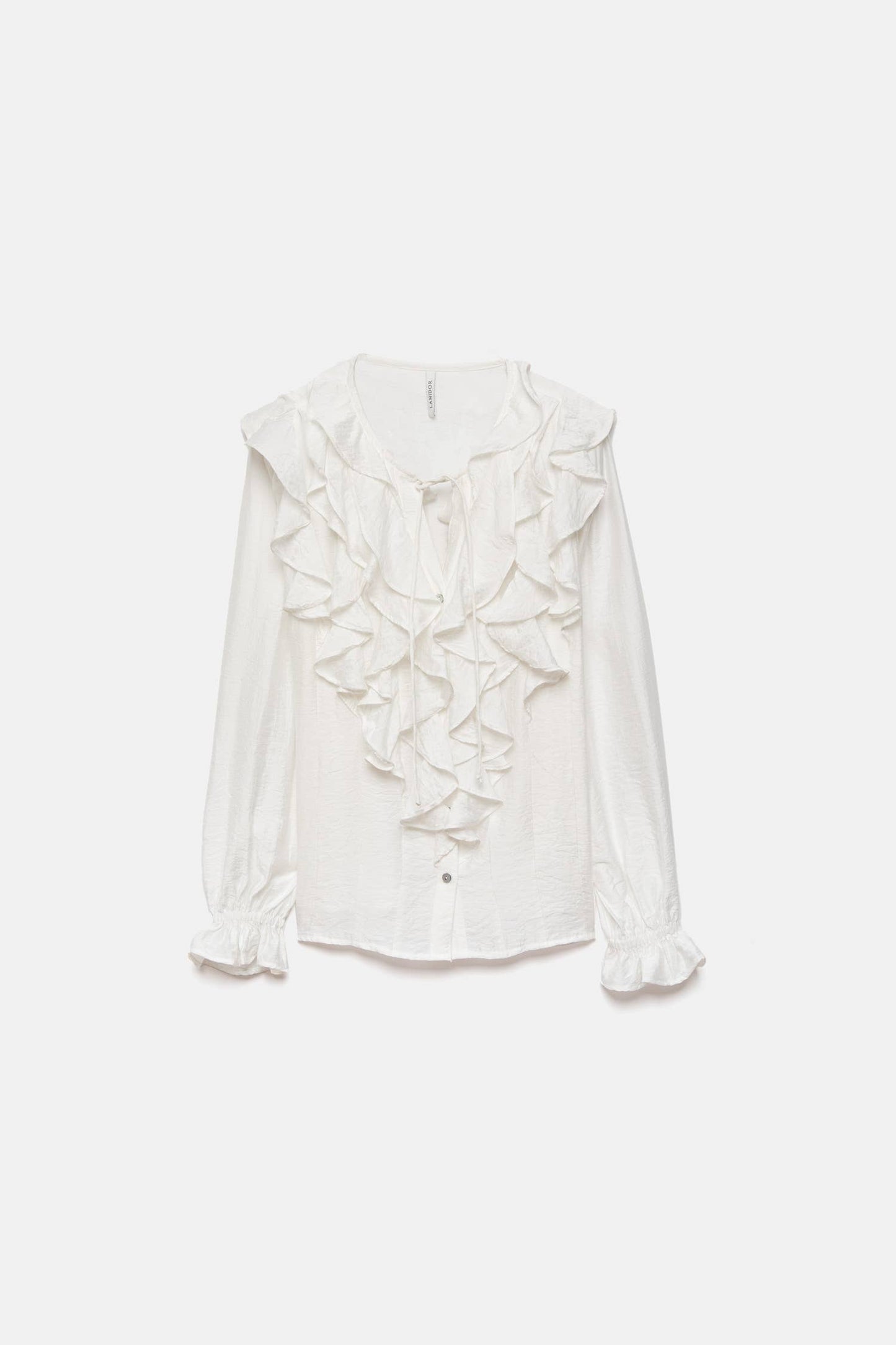 Blusa bianca con volant e laccio al collo