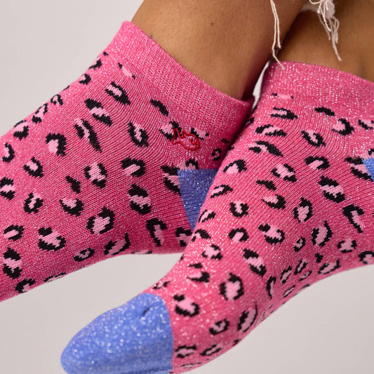 Calzini bassi glitterati leopardati in cotone pettinato rosa e blu
