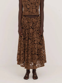 Gonna midi elegante in pizzo e velluto marrone