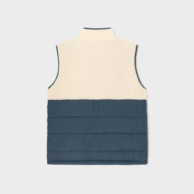 Gilet smanicato sherpa color block avorio e blu navy