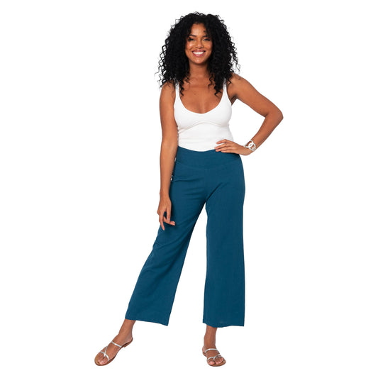 Pantaloni estivi cropped in cotone e lino color petrolio