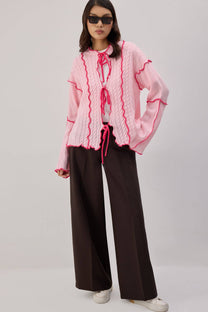 Cardigan in maglia con cintura a contrasto