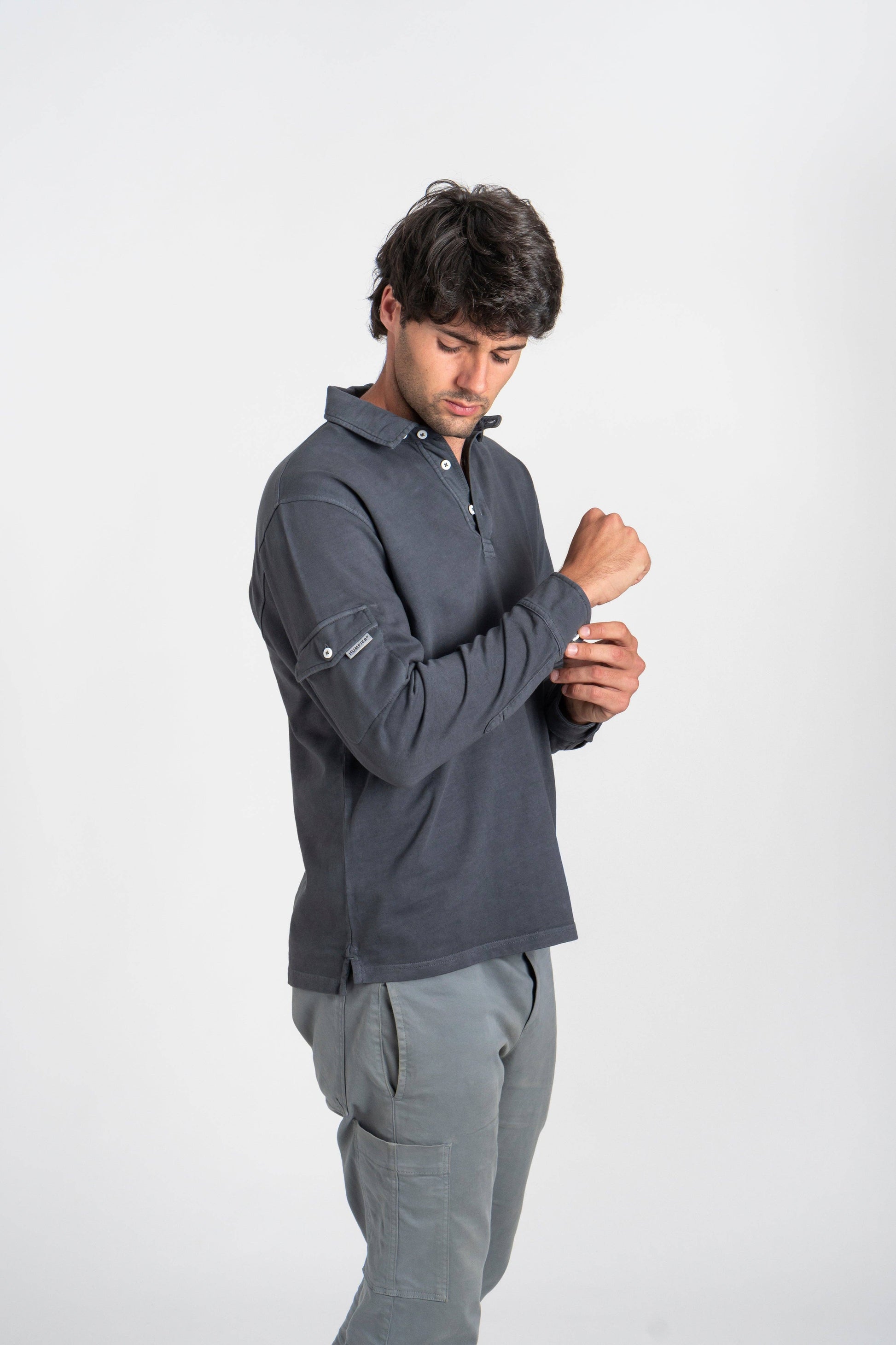 Polo blu Revival a manica lunga in cotone biologico